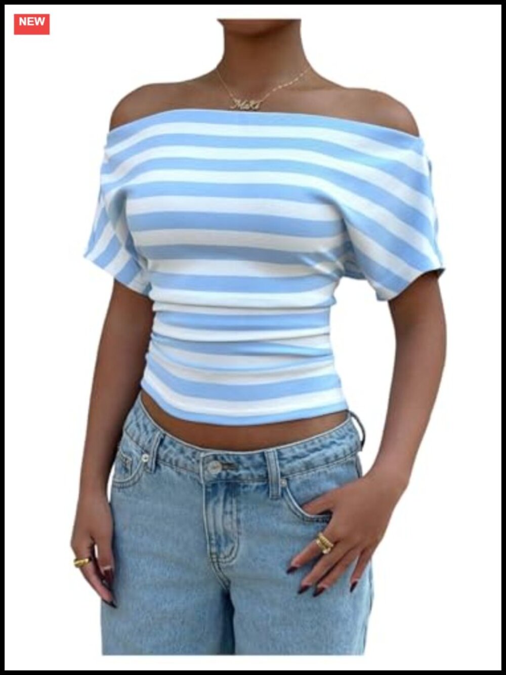 Off Shoulder Striped Crop Top Cinched Waist Ruched Slim Fit Short Sleeve
